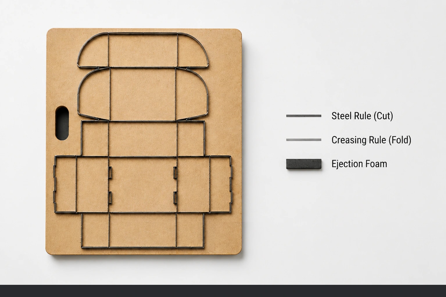 Photo — cutting forme close up: steel cutting and creasing rule set into the laser-cut plywood base