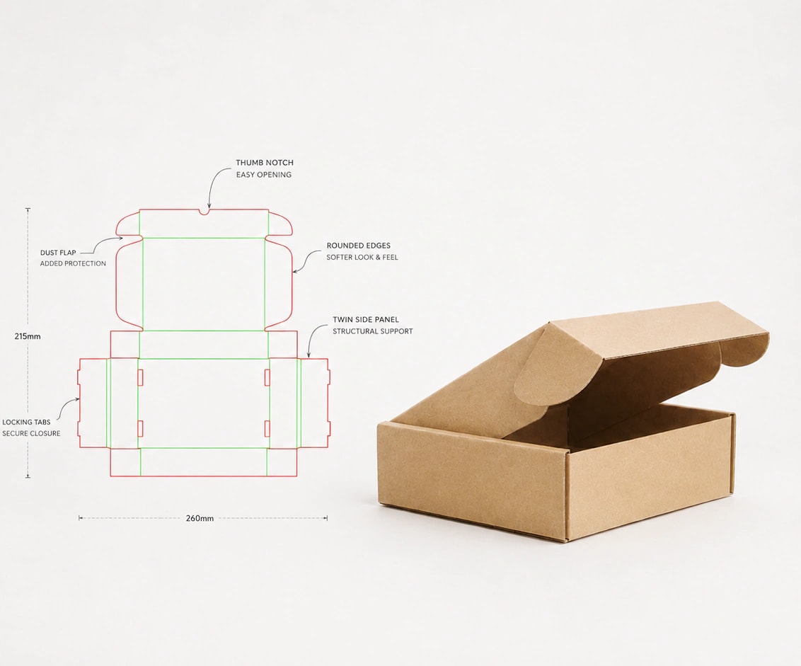 Annotated packaging keyline transitioning into a finished custom cardboard box — navy and blue linework with lime highlights