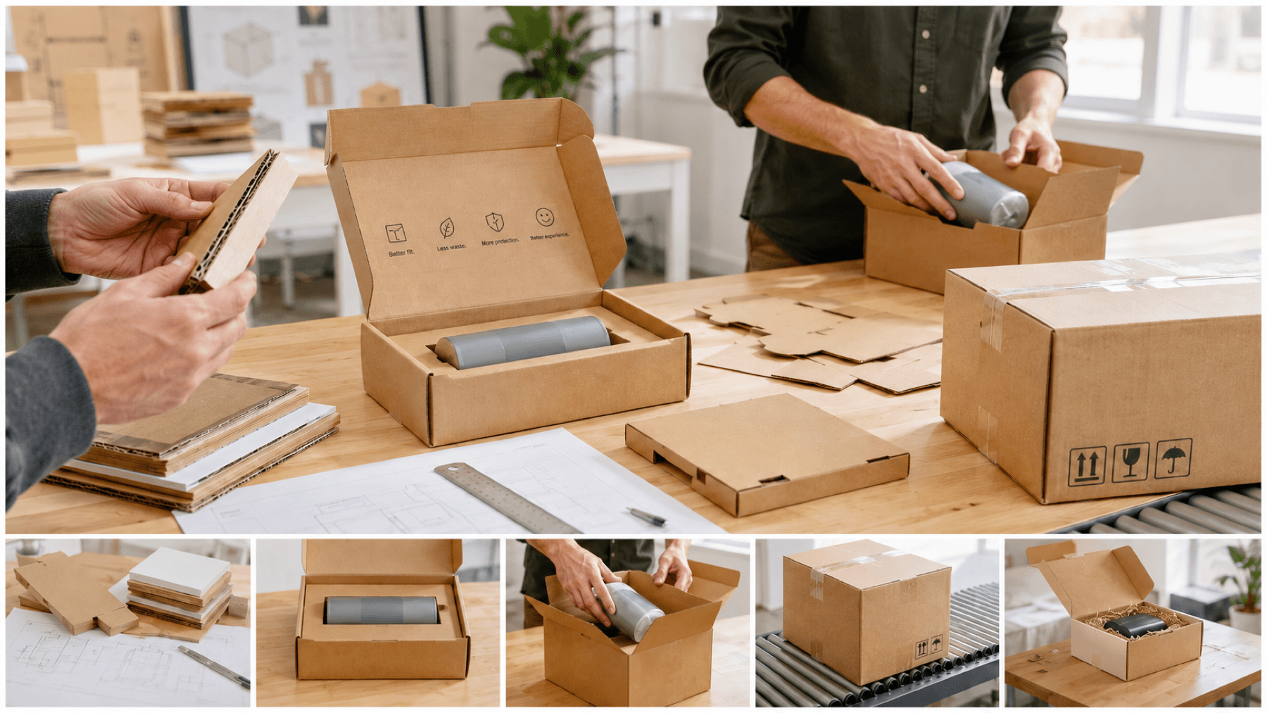 Pakko team reviewing prototype packaging and samples on a workbench