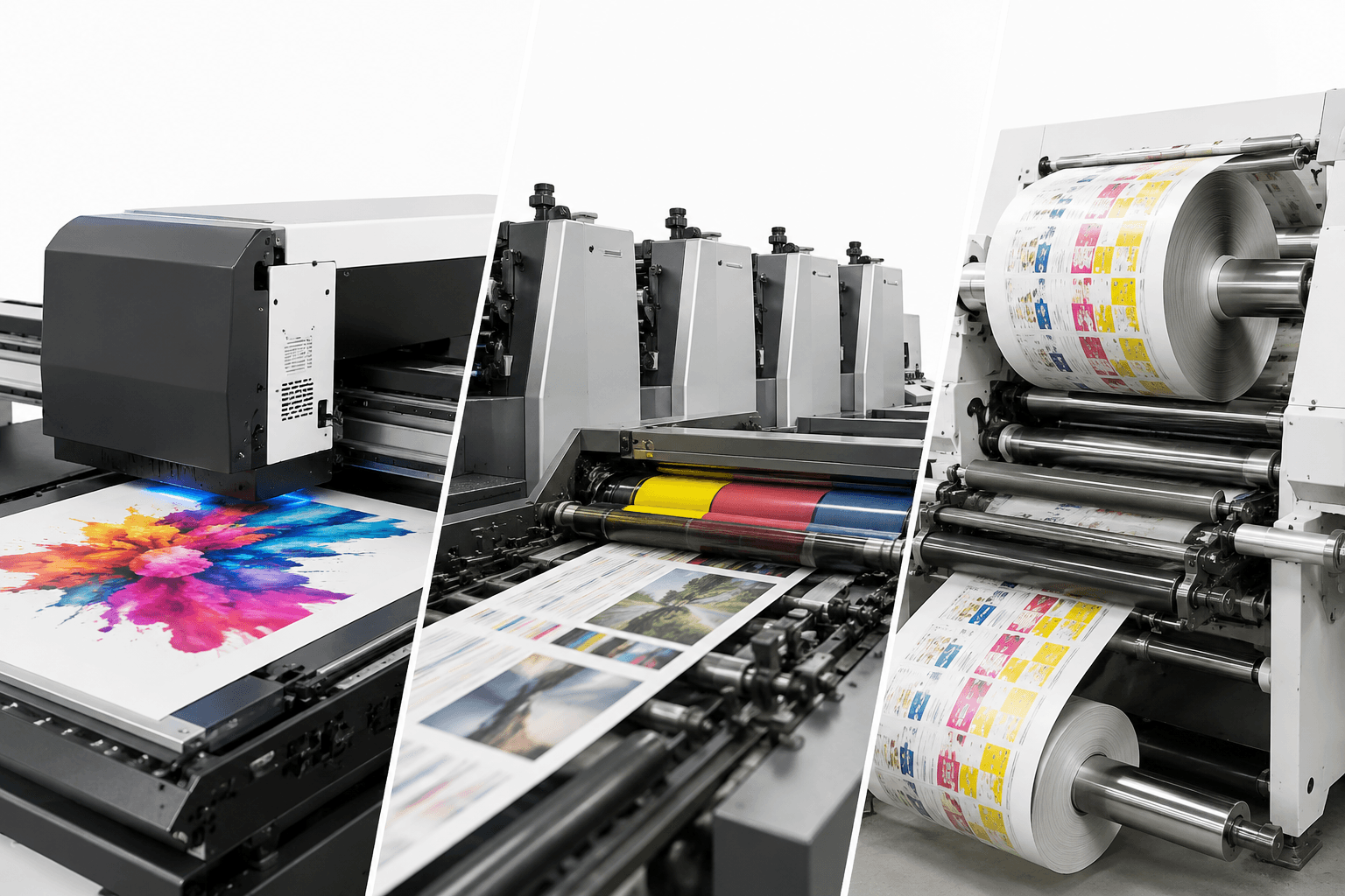 Digital, offset and flexo press sheets in production
