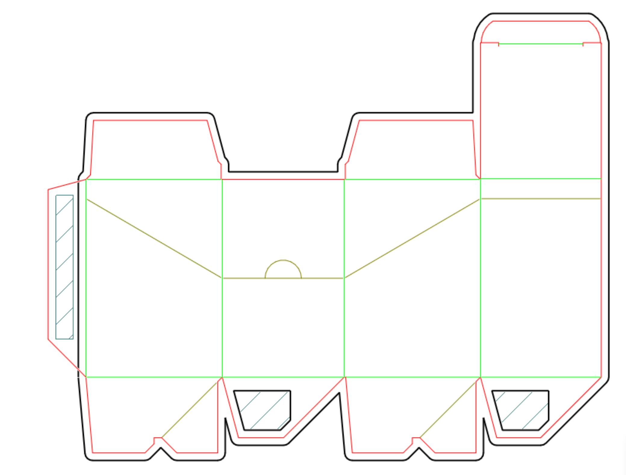 Pakko packaging keyline for a crash-lock carton: black bleed outline, red cut lines, green crease lines, olive score lines and three hatched glue areas