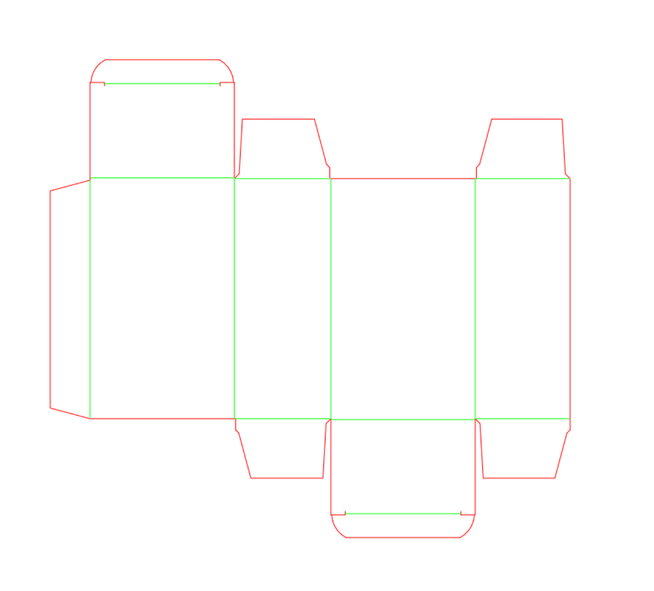 Pakko carton keyline with red cut lines and green crease lines. Rebuilt keyline — artwork jumps at the panel seams